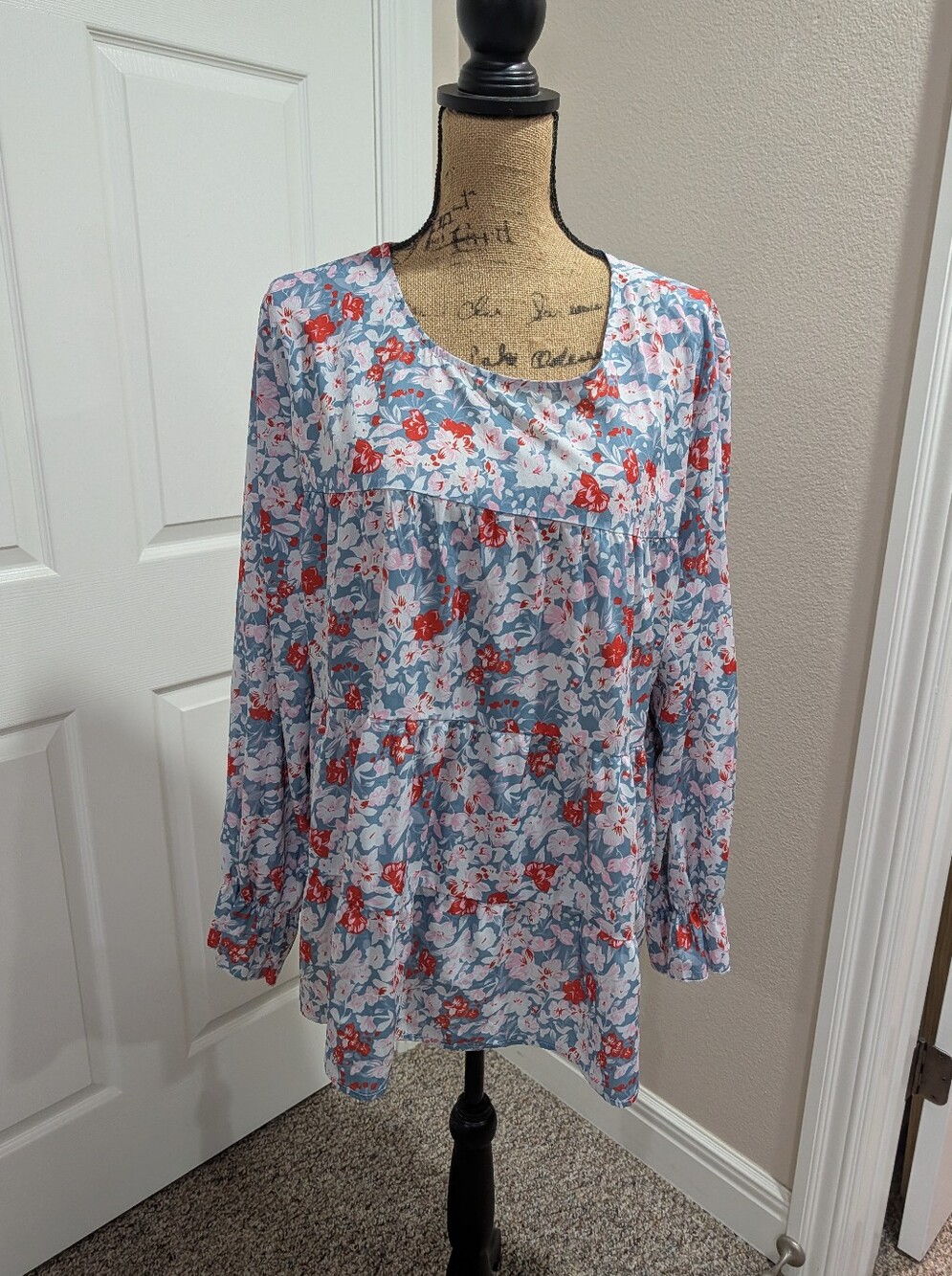 Women’s Floral Peasant Blouse - Light Blue with Red Floral Print